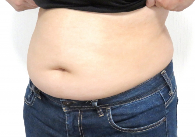 皮下脂肪、内臓脂肪などでぽっこり張り出ている女性の腹部