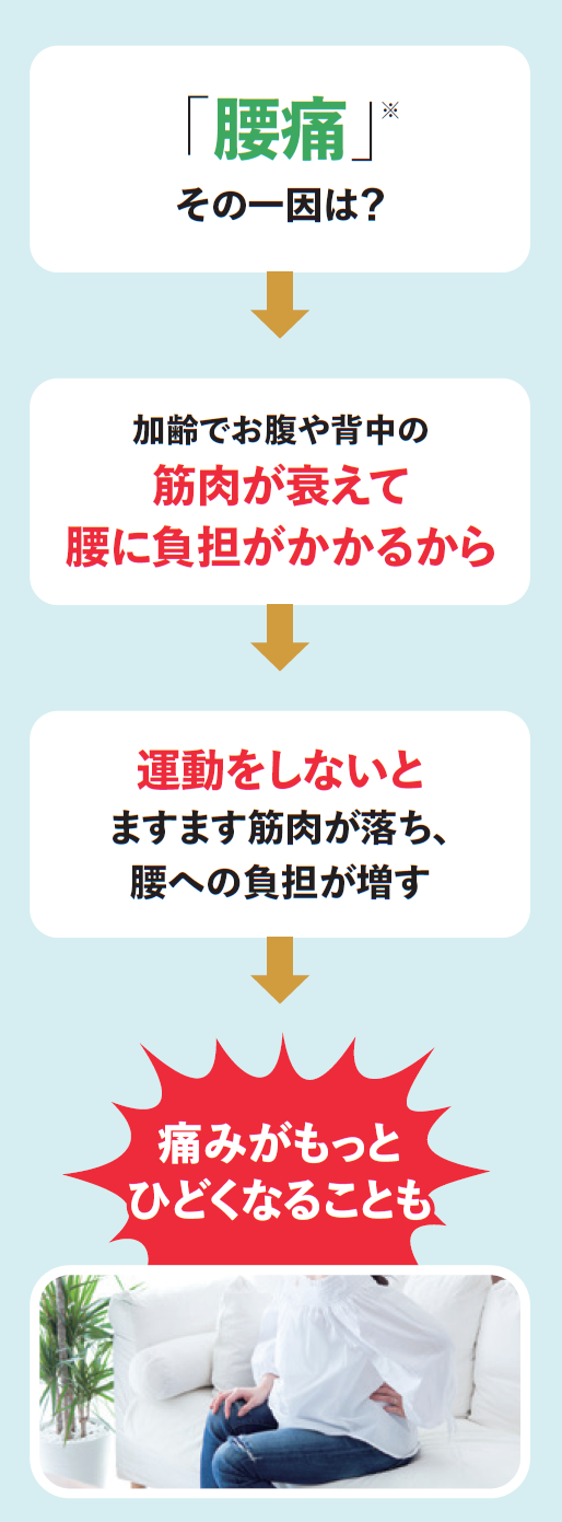 「腰痛」その一因は、加齢でお腹や背中の筋肉が衰えて腰に負担がかかるから。運動をしないと、ますます筋肉が落ち、腰への負担が増す。結果、痛みがもっとひどくなることもあります。
