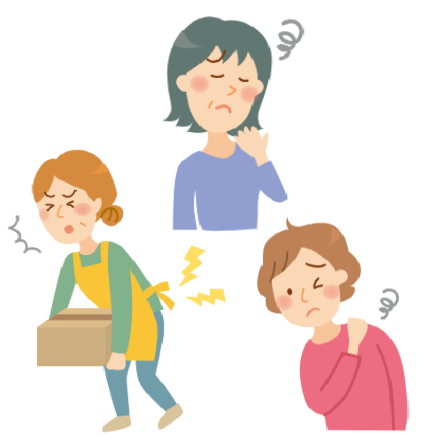 さまざまな不調に悩む女性（ストレス、腰痛、肩の痛み）