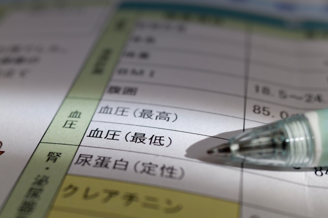 健康診断結果の用紙（体組成・BMI・血圧・コレステロール値など生活習慣病の指標となる数値が載っているもの）